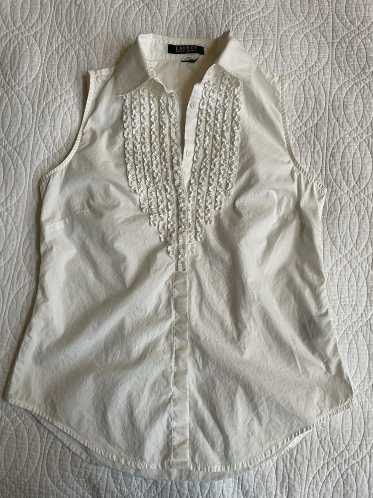 Lauren Ralph Lauren Womens Ruffle Sleeveless Blouse Sz S/M Button up White
