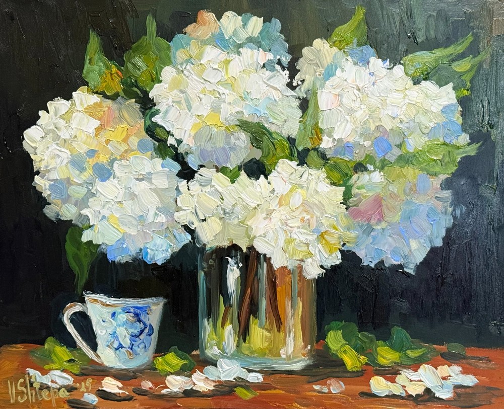 Hydrangea Floral Original Oil Painting Art Impasto Flower Still Life 8x10 in