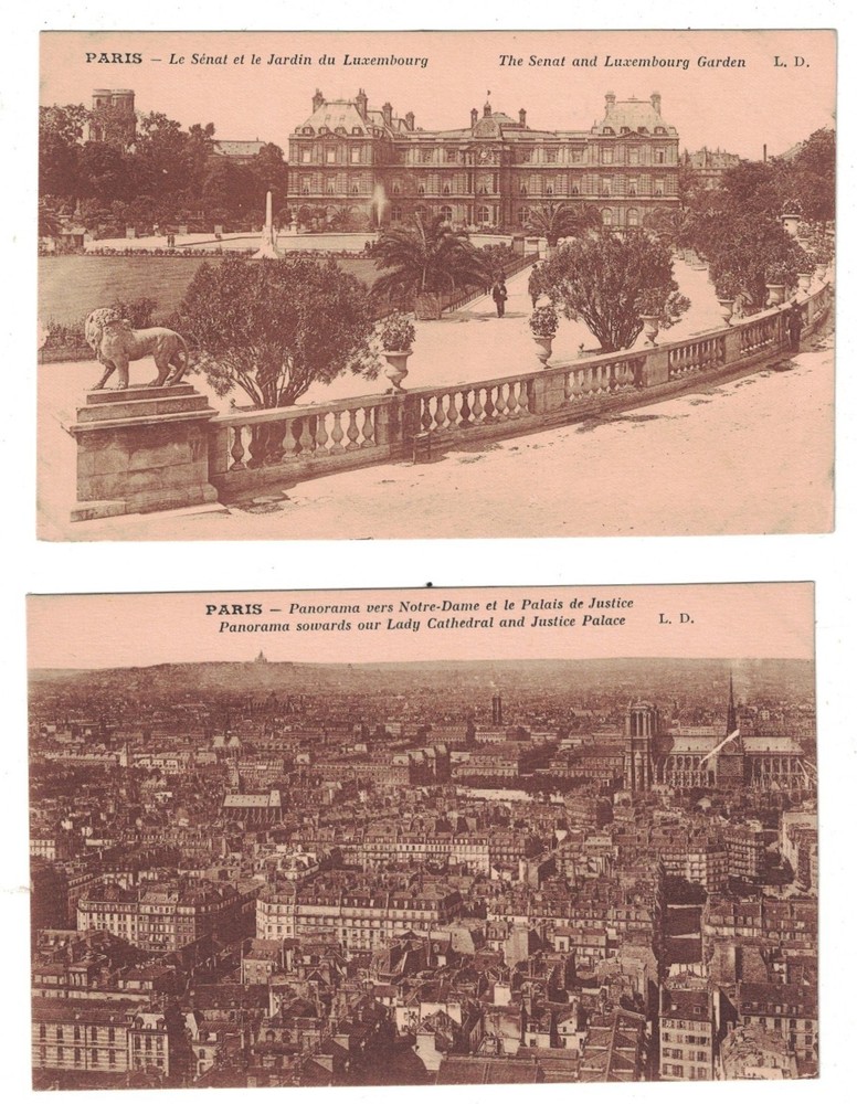 2 Antique 1910'S Paris France View & Senat & Luxembourg Gardens Sepia Postcard