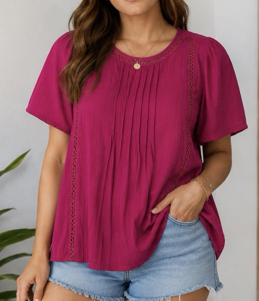 Knox Rose LG Pink Boho Blouse Lace Pintuck Puff Sleeve Top Peasant Cottage NWOT