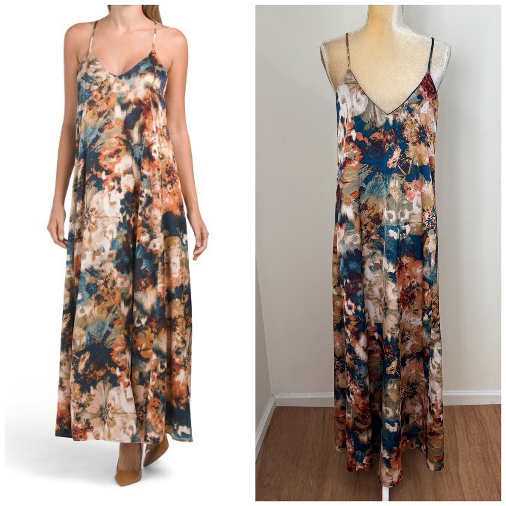 Nicole Miller New York Satin Floral Print Maxi Dress Size M Brown Blue Multi