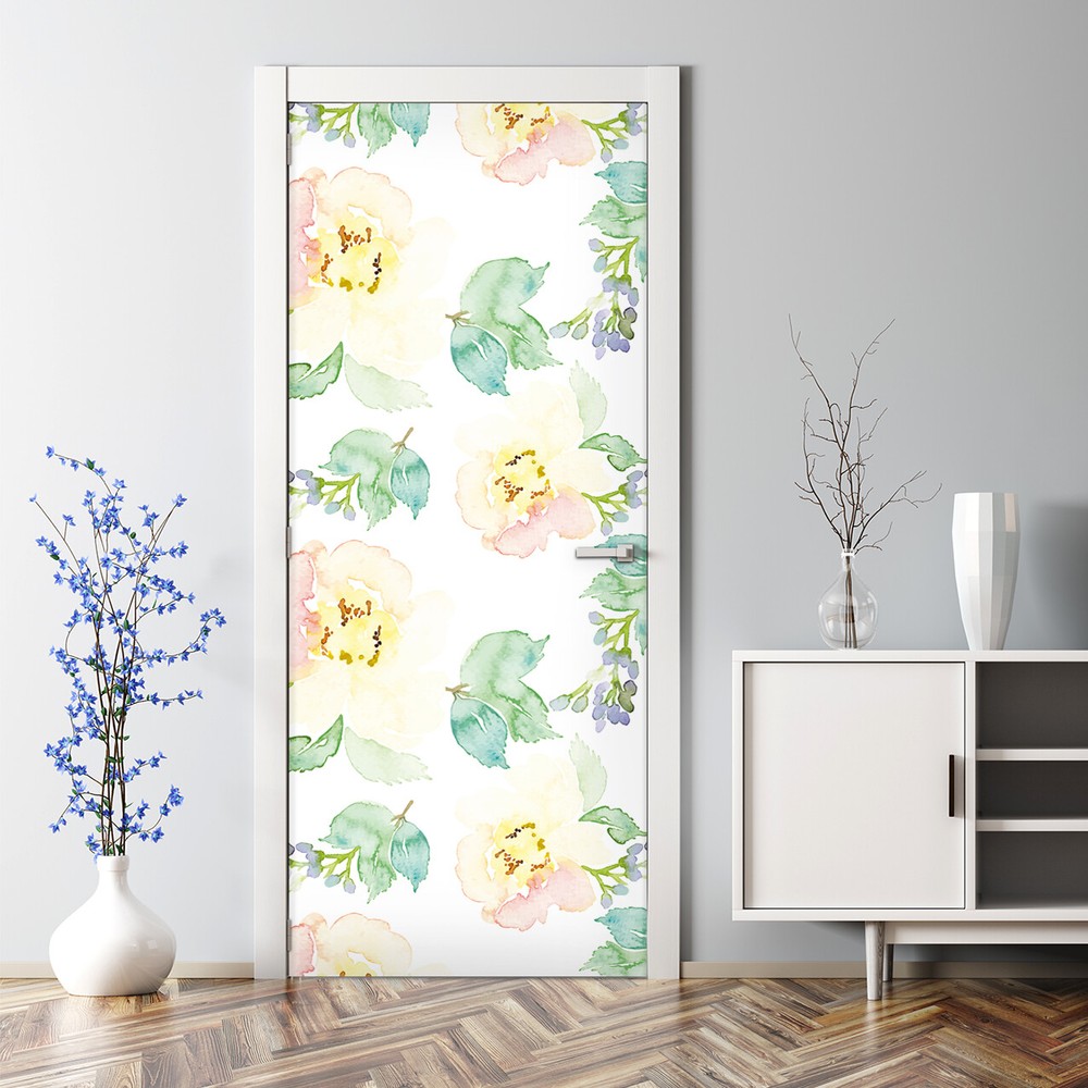 Floral Watercolour Bubble Free white Door Decal Reusable self adhesive wallpaper