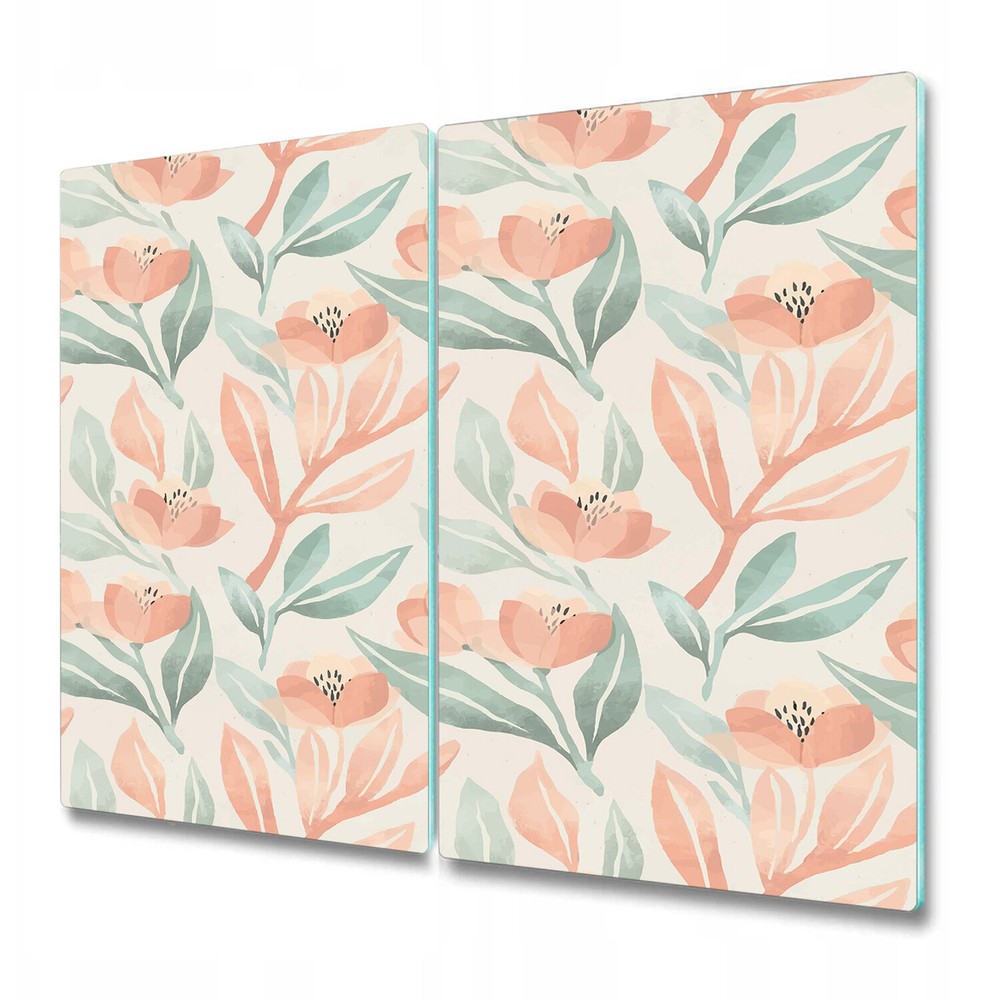 Tempered Glass Chopping Board Peach Green Flowers Light Floral Illustration