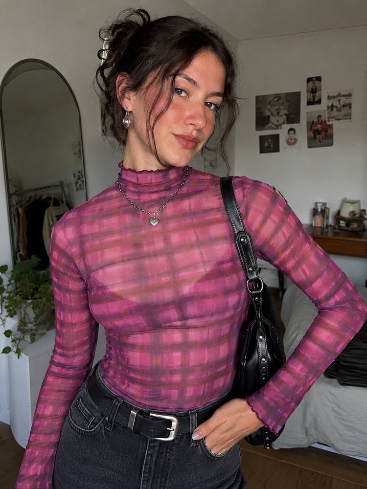 Anthropologie Pilcro Sheer Mesh Mock Neck Top Pink Purple Plaid Y2K Indie Sleaze