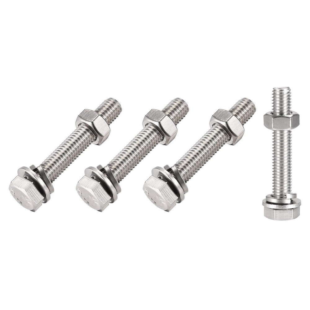 Hex Head Screws, Bolts, Nuts, Flat & Lock Washers Kit - M10x60mm (4 Sets) - Durable Fastener Set for Secure Assembly and Repairs