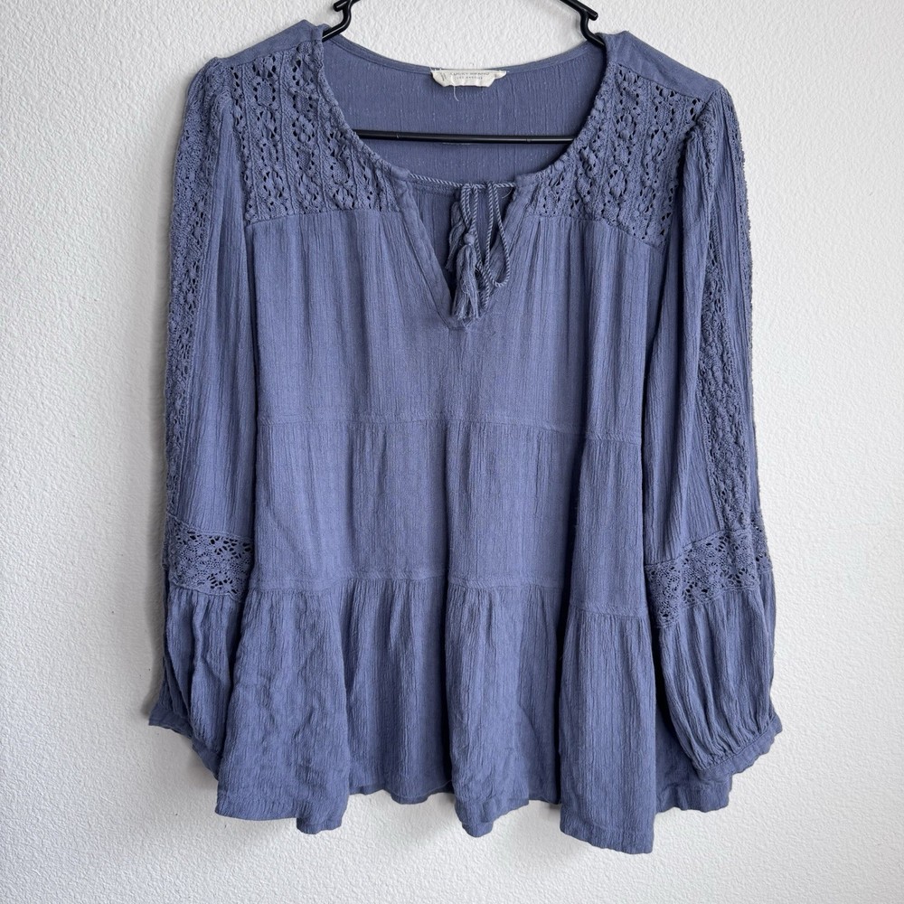 Lucky Brand cotton blue peasant blouse long sleeve shirt medium