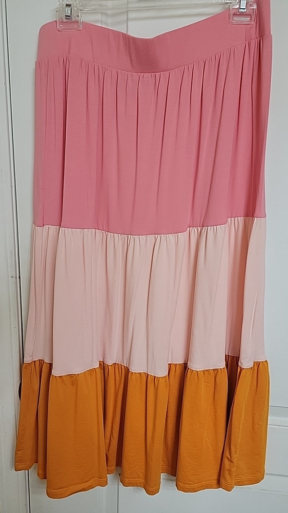 Lands' End Midi Skirt Women's Size Med Pink Orange Tiered Knit Casual Pull-on