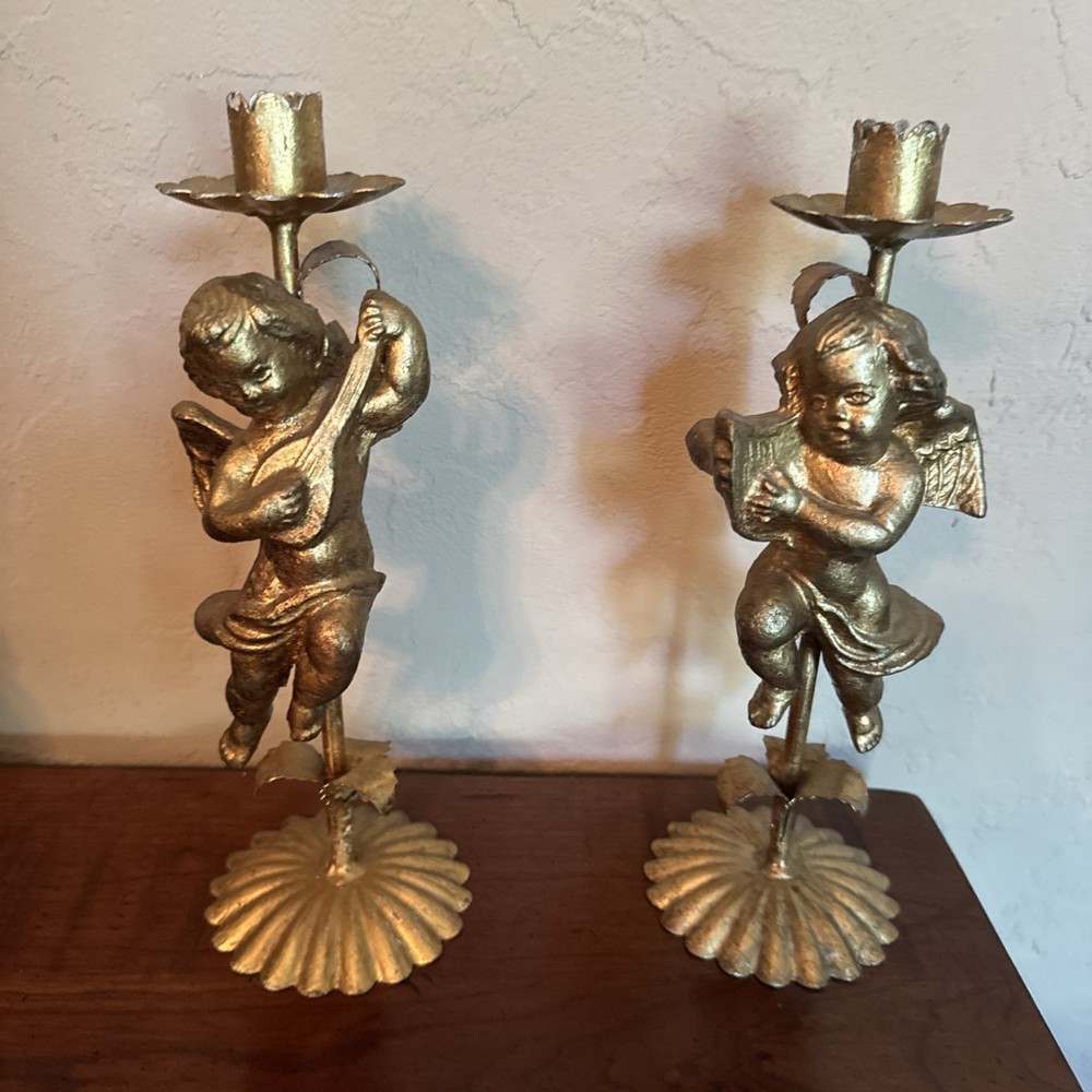 Vintage WOLIN Italy Gilt Cherub Putti Candlestick Holders Pair Baroque