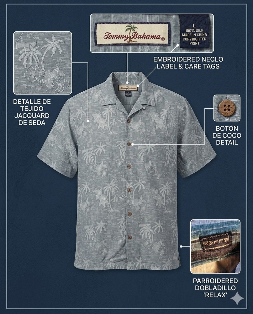 Tommy Bahama Men's Large 100% Silk Jacquard Palm Tree Print  Shirt Short Sleeve