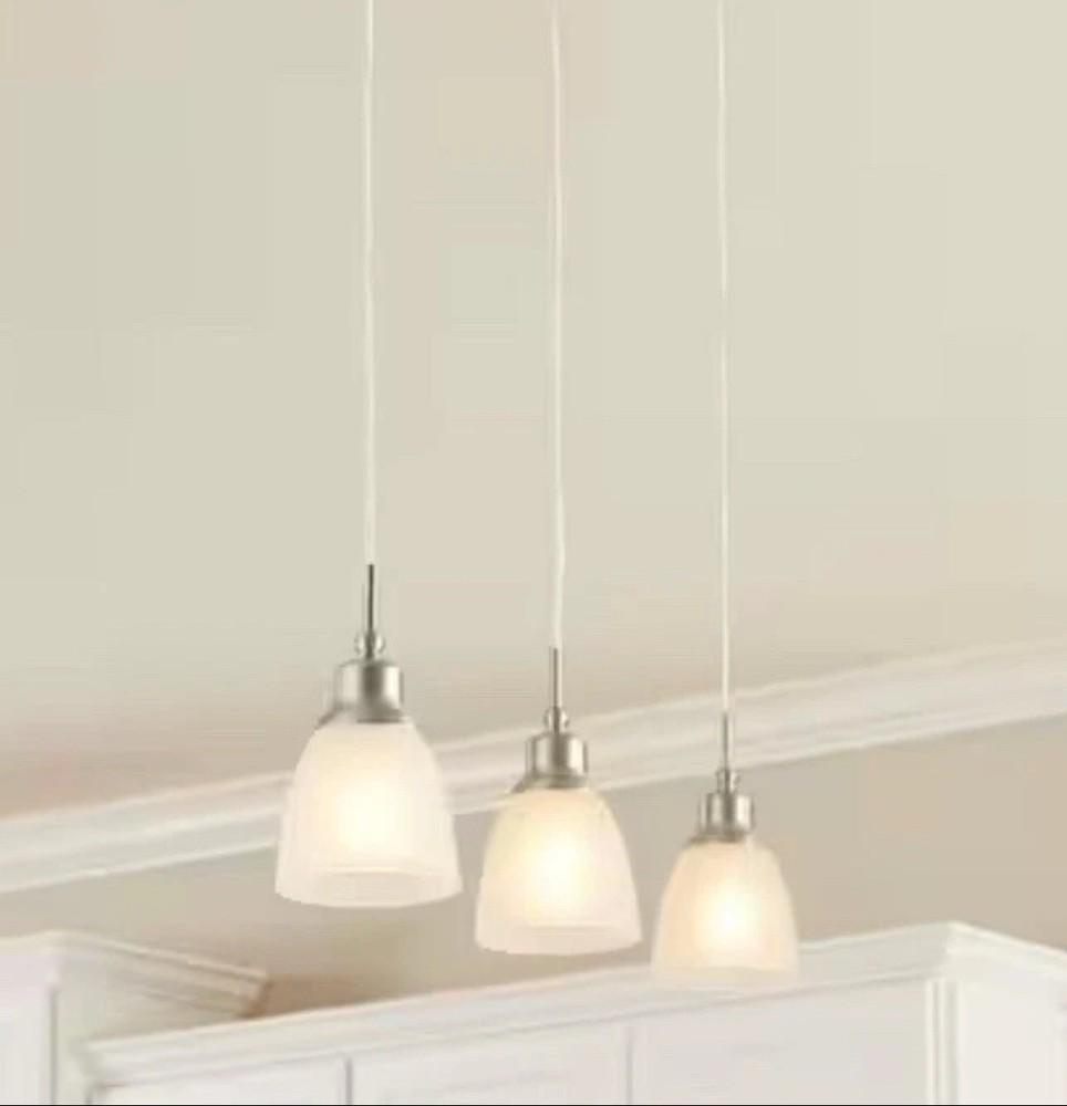 (3-Pk) Hampton Bay Riverbrook 1-Light Brushed Nickel Mini Pendant Frosted White