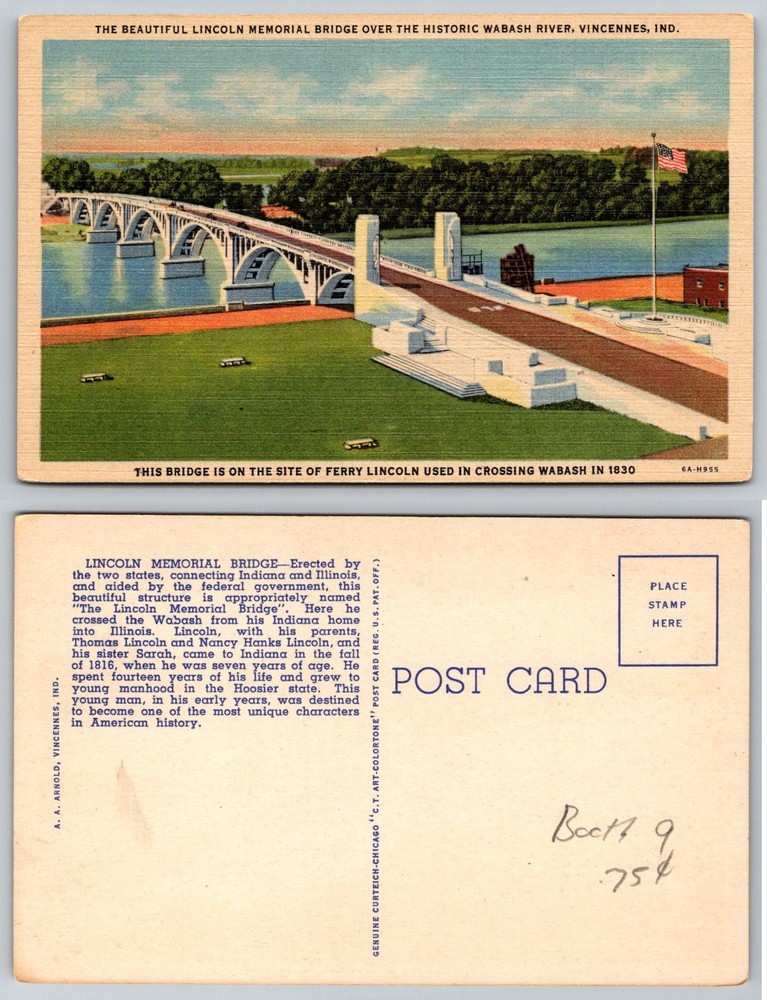 Lincoln Memorial Bridge Wabash River Vincennes Indiana Linen Postcard