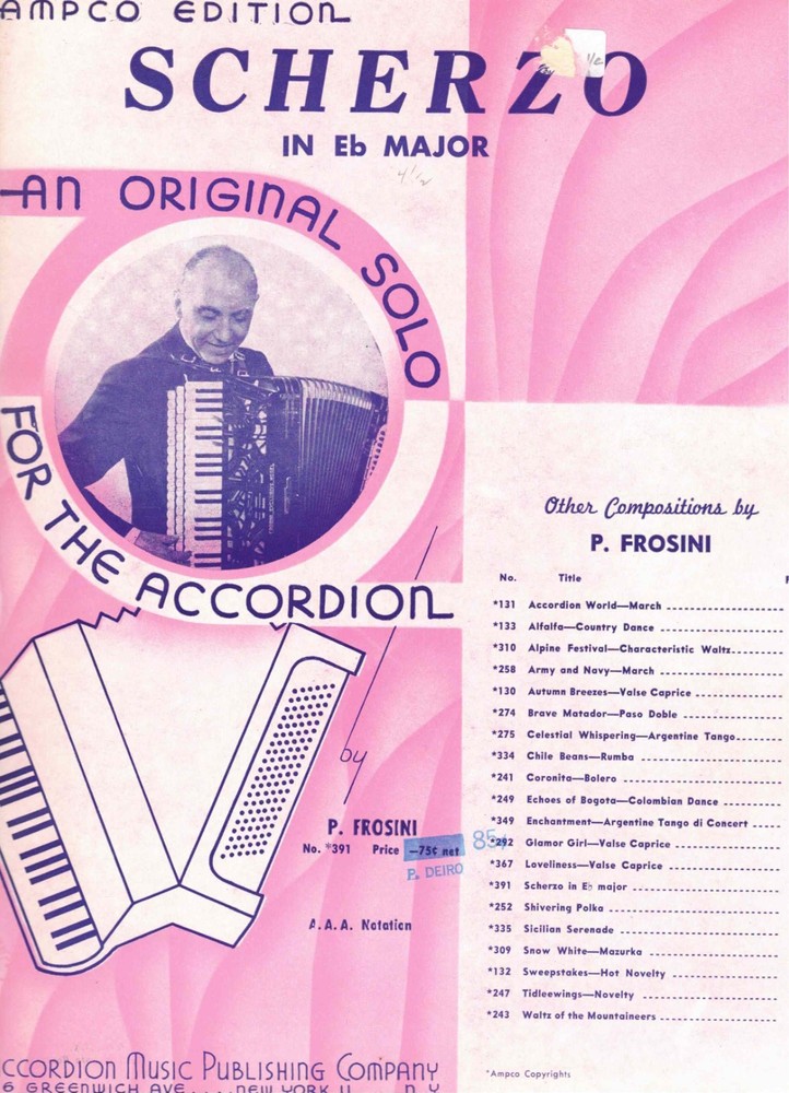 SCHERZO IN Eb MAJOR BY PIETRO FROSINI ACCORDION SOLO COMPOSITION SHEET MUSIC NOS