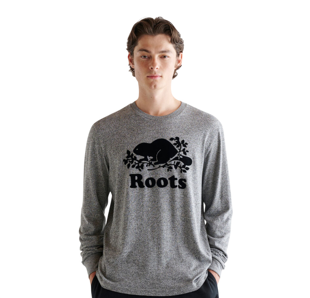 ROOTS Canada Gray Mens Organic Flocked Beaver Logo Long Sleeve Tee SIZE 2XL