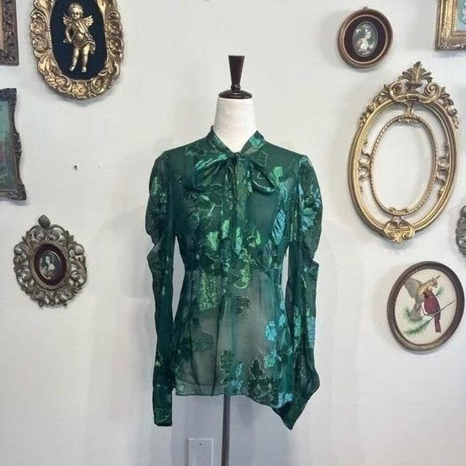 Anna Sui Green Silk Blend Metallic Floral Pussy Bow Blouse