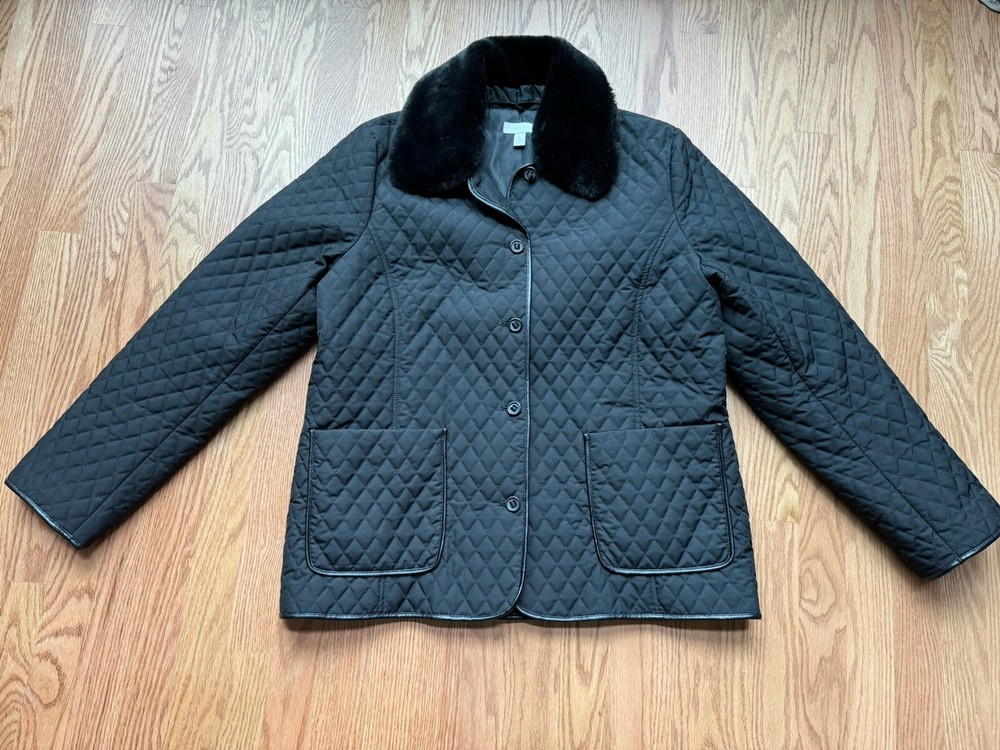 Charter Club Quilted Jacket Women’s Size Large Faux Fur Removable Collar Black
