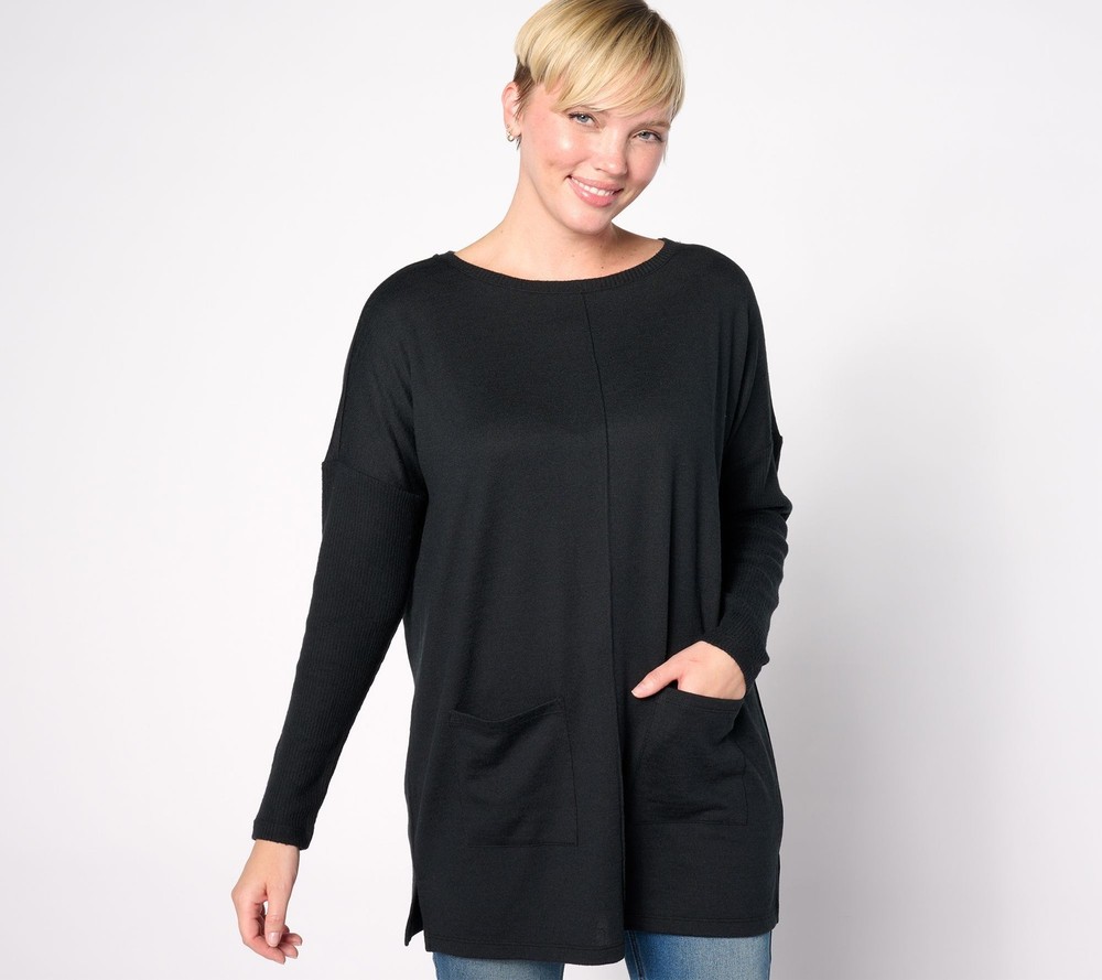 Denim & Co. Women's Top Petite PM Heavenly Jersey Relaxed Fit Black A630347