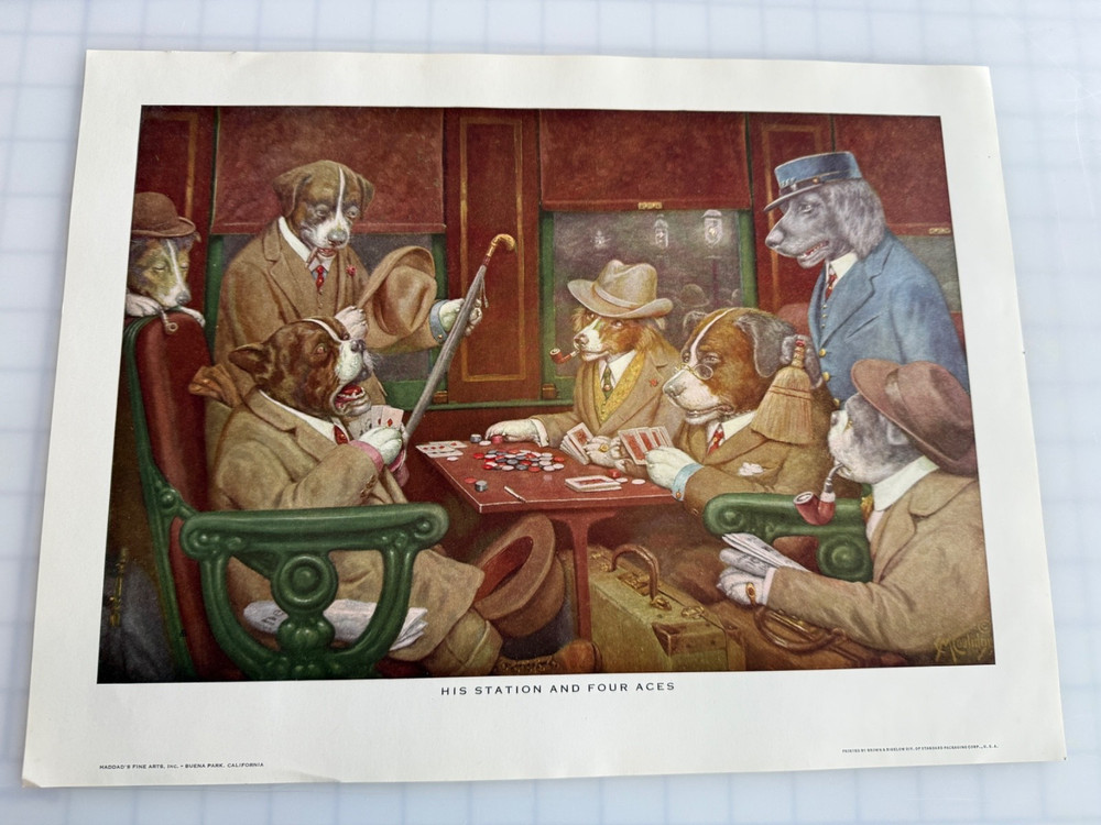 Vintage Brown & Bigelow “His Station and Four Aces” Dogs Playing Poker Print