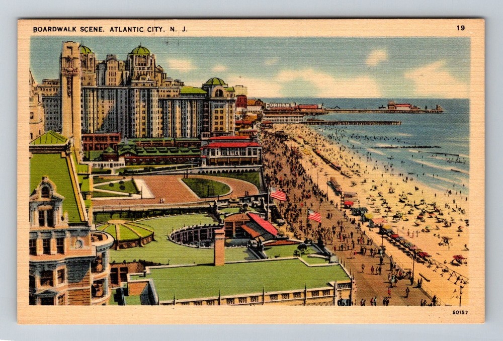Atlantic City, NJ-New Jersey, Boardwalk Scene Hotels & Beach Vintage Postcard