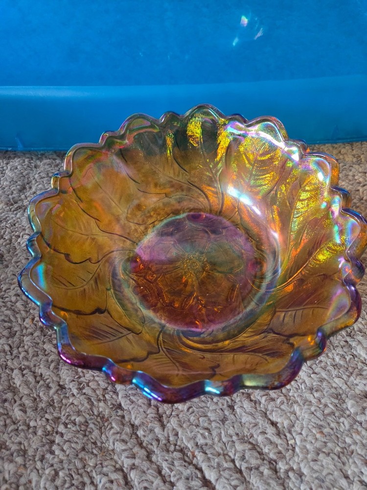 Vintage Indiana Carnival Glass Amber Wild Rose Footed Bowl 1970s Iridescent
