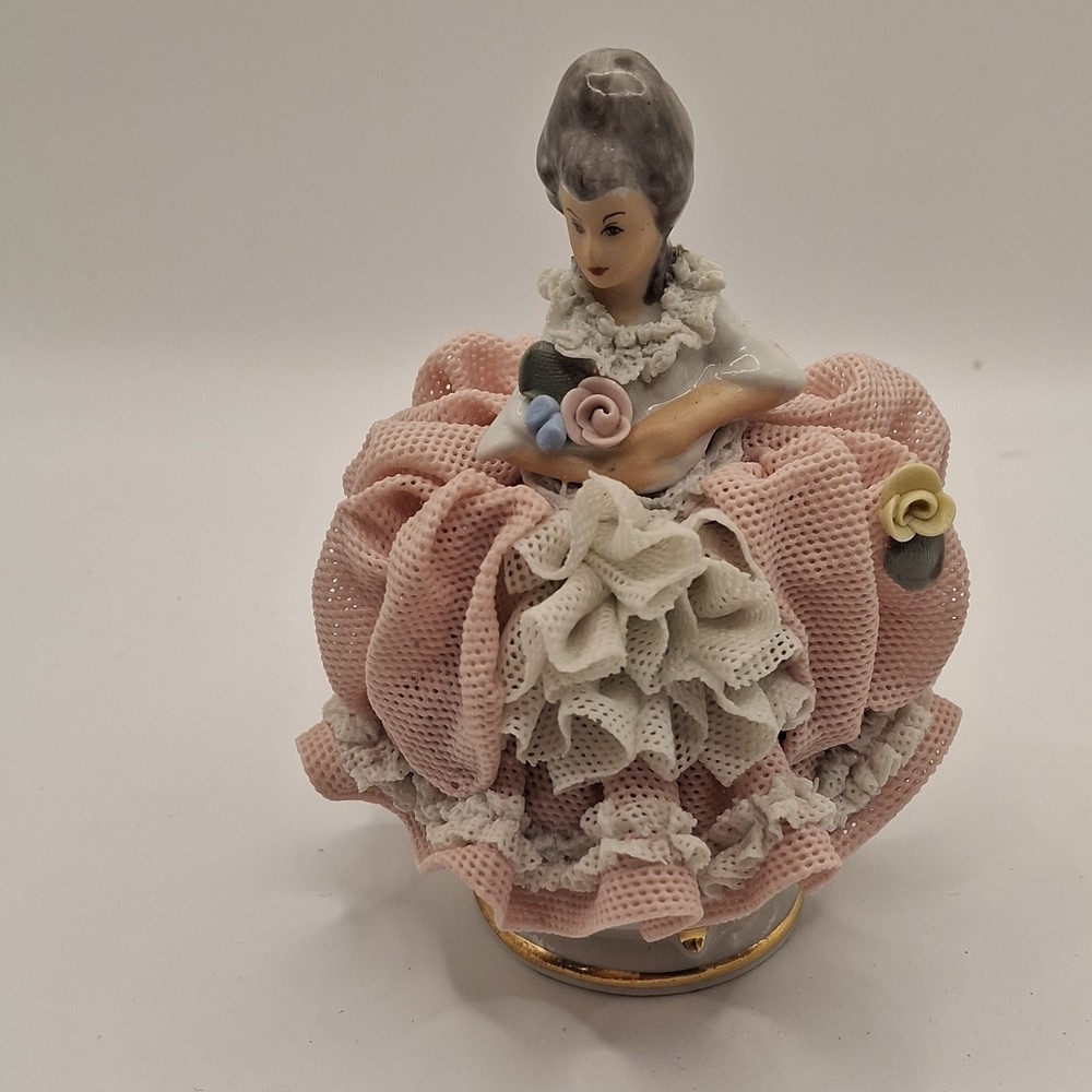 Dresden Lace Porcelain Figurine Victorian Woman Pink White Hand Painted