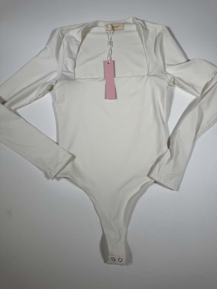 QINSEN Women's Sexy Square Neck Bodysuit Long Sleeve Double Lined Bodysuit SZ M