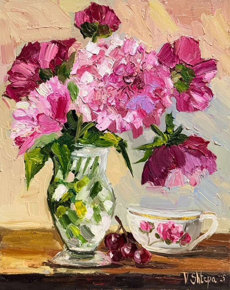 Still life Blooming Flowers Peonies Painting Original Oil Impression Signed Art
