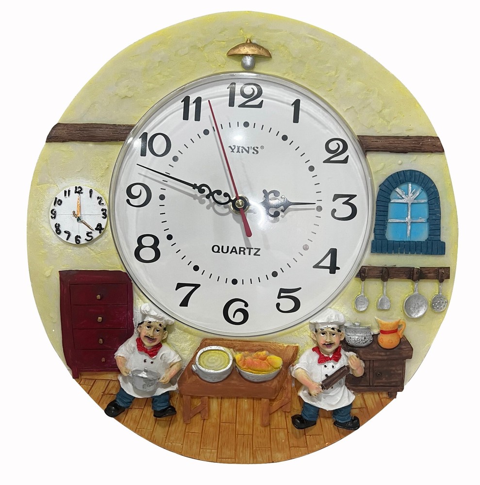 Wall Clock Cook Multi Color,Chef Picture,Non - Ticking Whisper Quiet 12 inch