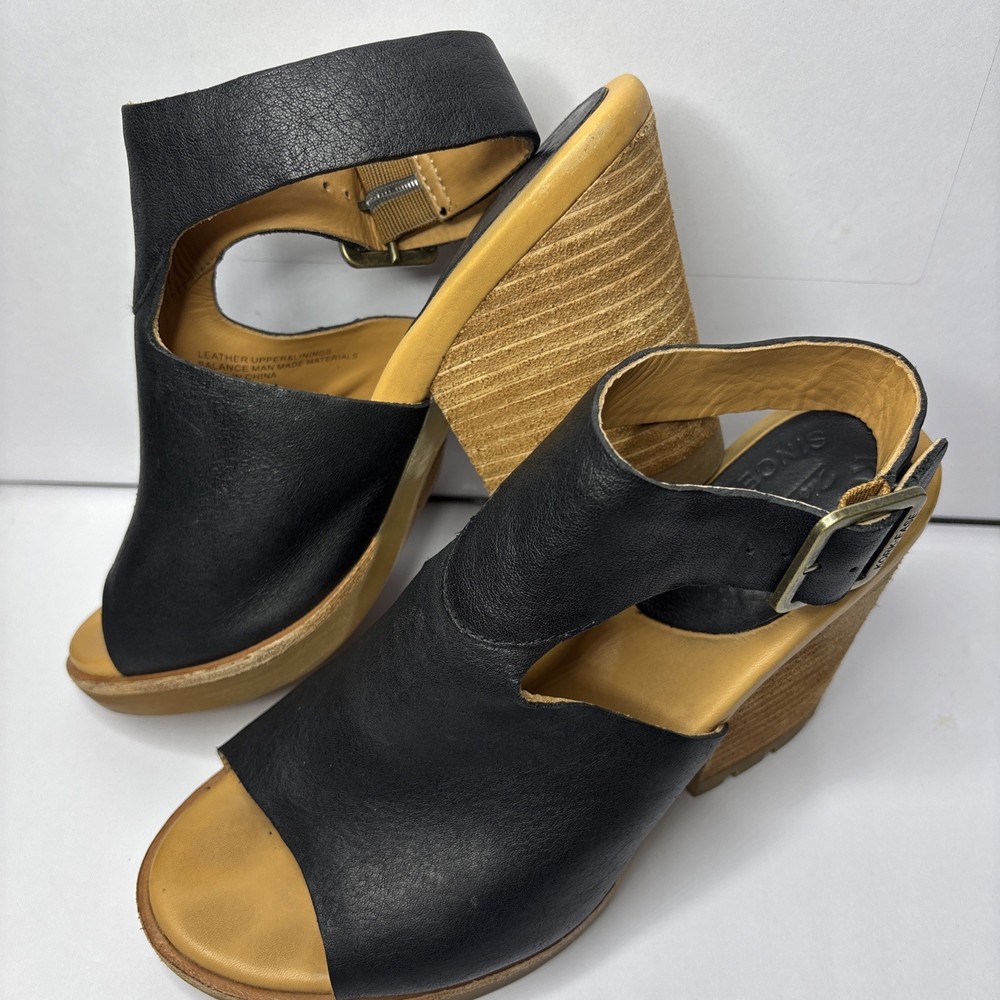 KORKS ORIGINAL LINDEN WOMEN BLACK LEATHER buckle wedge SLINGBACK SANDALS  7