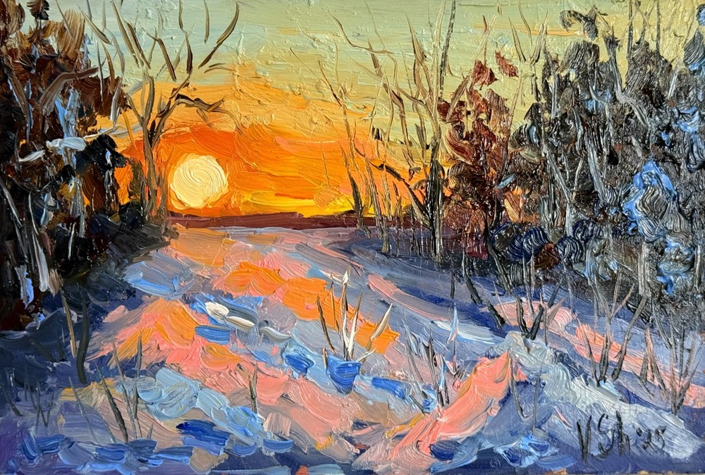 Original Oil Painting Winter Landscape Sunset Impressionism Art Signed 5.5x8 in