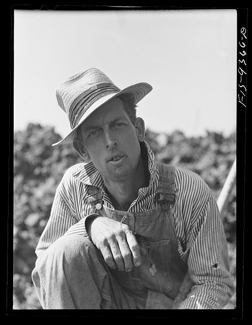 Photo:1930s Farm Laborer Straw Hat Overalls Portrait Black and White