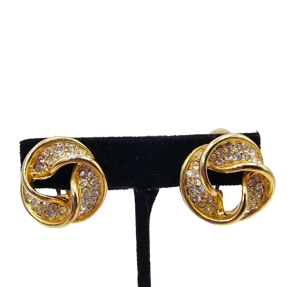 Vintage Knot Clip On Earrings Gold Tone White Rhinestone Chunky 1980s Glamour