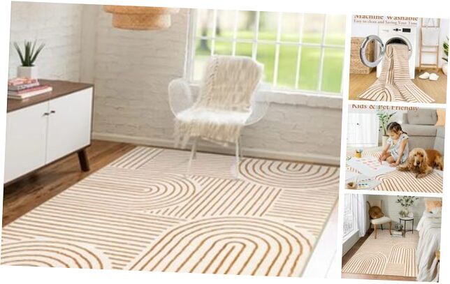 Soft 4x6 Abstract Washable Bedroom Rug in Orange and White-image
