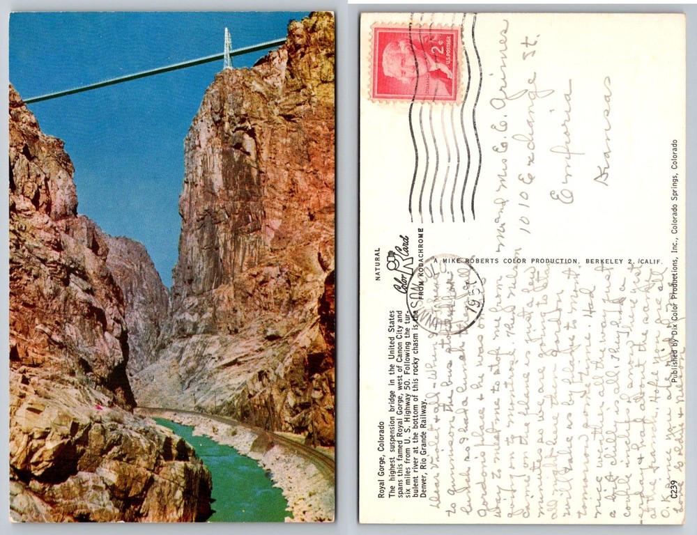 Royal Gorge Colorado Bridge & Arkansas River 1957 Posted Chrome Postcard