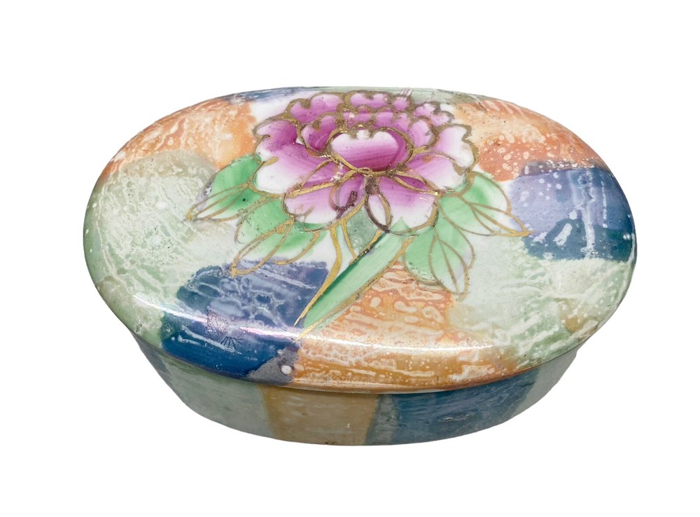 Multi-Colored Lusterware Porcelain Trinket Box Featuring Elegant Gold Accents and Vibrant Design