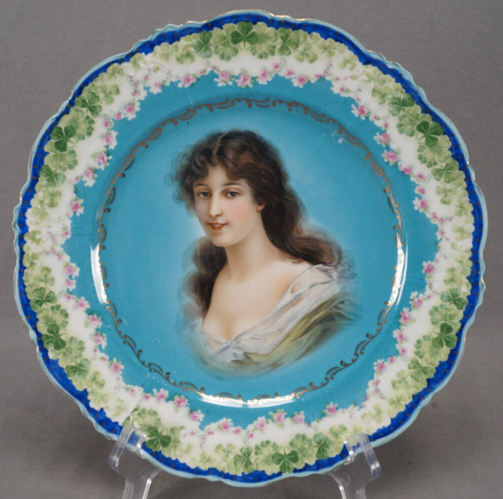 German / Austrian Pink Rose Clovers Turquoise Cobalt & Gold Lady Portrait Plate