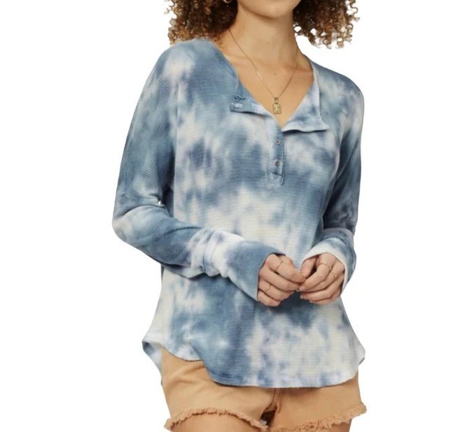 BILLABONG Any Day Henley Thermal Top Sz L Blue Tie Dye Waffle Knit Cotton Blend
