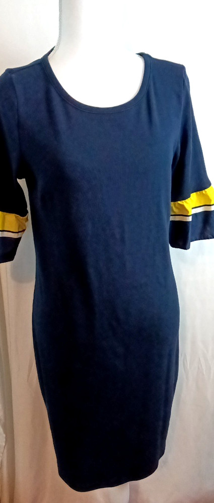 Talbot's Navy Blue Shift Dress  3/4 Yellow Stripe Flared Sleeve  Sz M