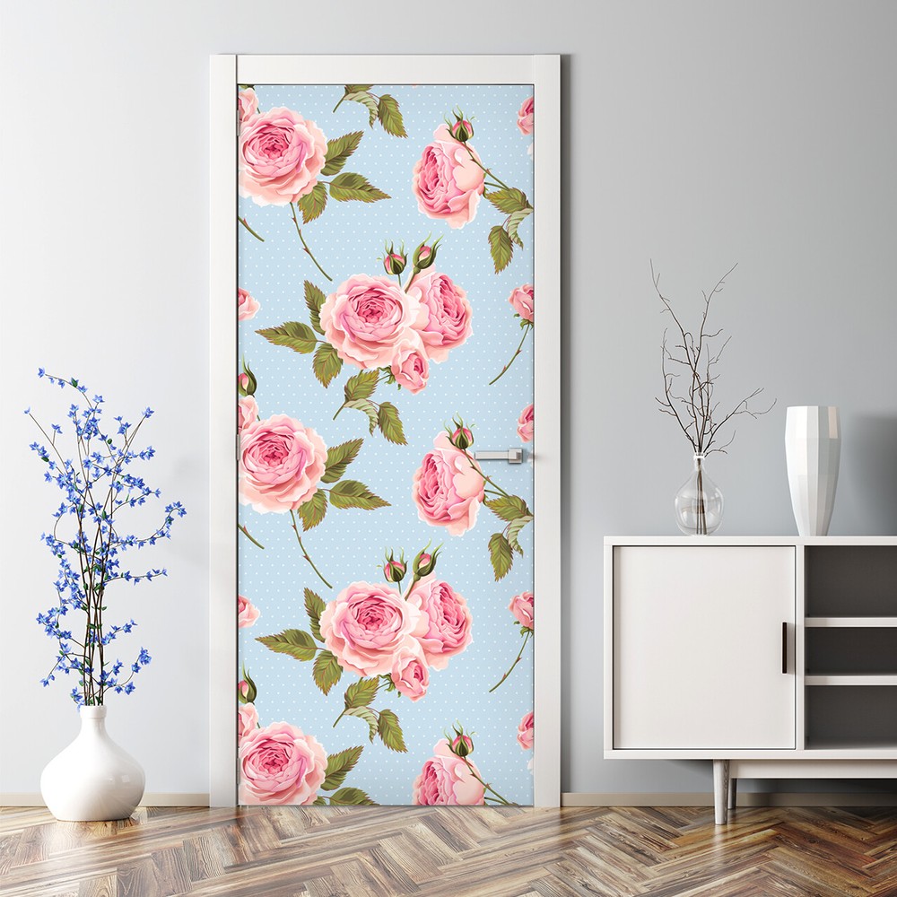 Bubble-free pink and green English roses door decal decor sticker photo