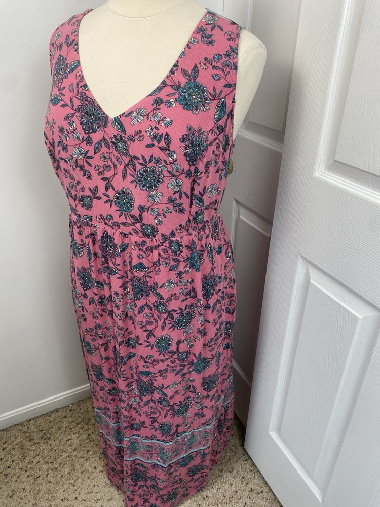 J Jill 2X Maxi Dress Pink Floral Bohemian Cottage Core Romantic Sleeveless