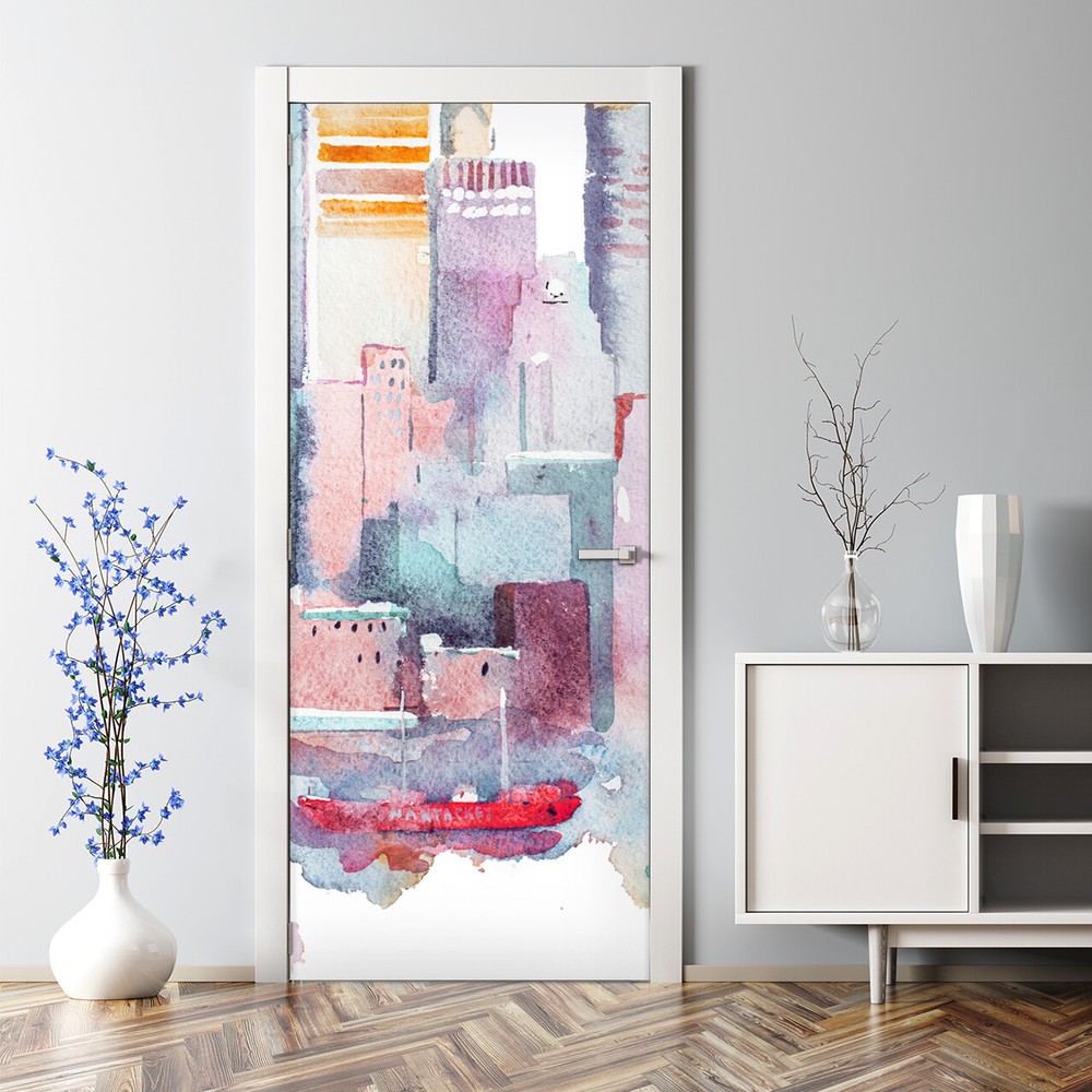 NYC Skyline Watercolor Door Decal - Manhattan Metropolis Art