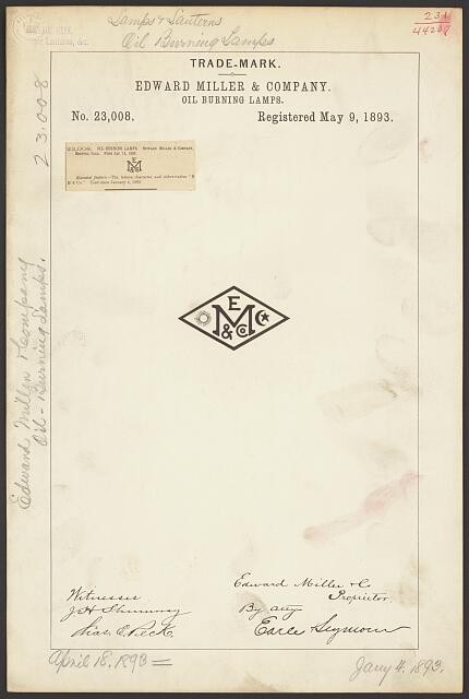 Photo:Edward Miller Company 1893 Oil Burning Lamps Trademark E M Co Brand