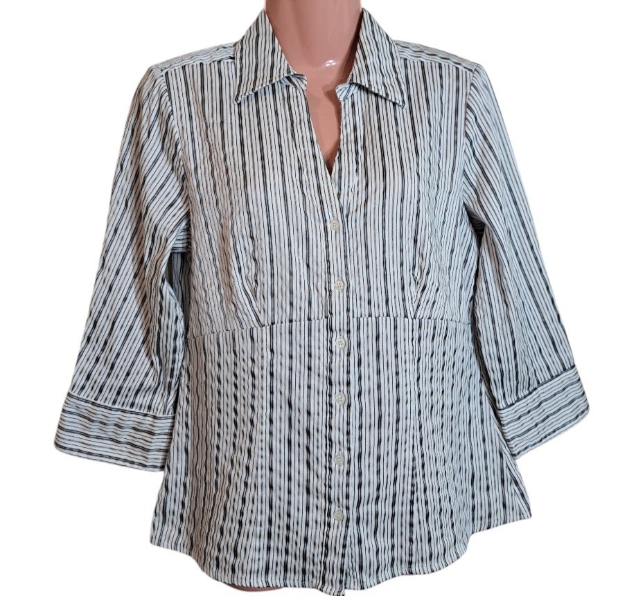 Fred David Womens Striped 3/4 Sleeve Collared Blouse in White and Dark Gray