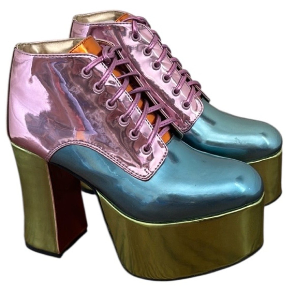 Dolls Kill Sugarbaby Colorful Rainbow Metallic Platforms Shoes Size 5 NWOB Flaw