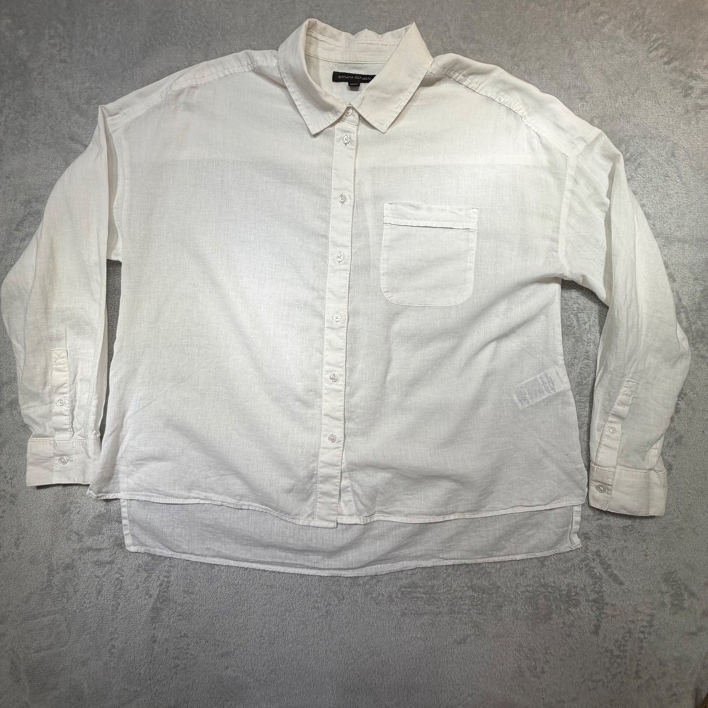 Banana Republic White Cotton Linen High Low Button Down Shirt Size M 700637-00
