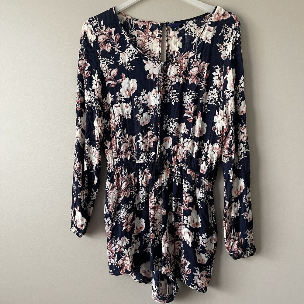 Aeropostale Womens Lace-Up Tassled Romper Jumpsuit Navy Floral Sz Medium VGC