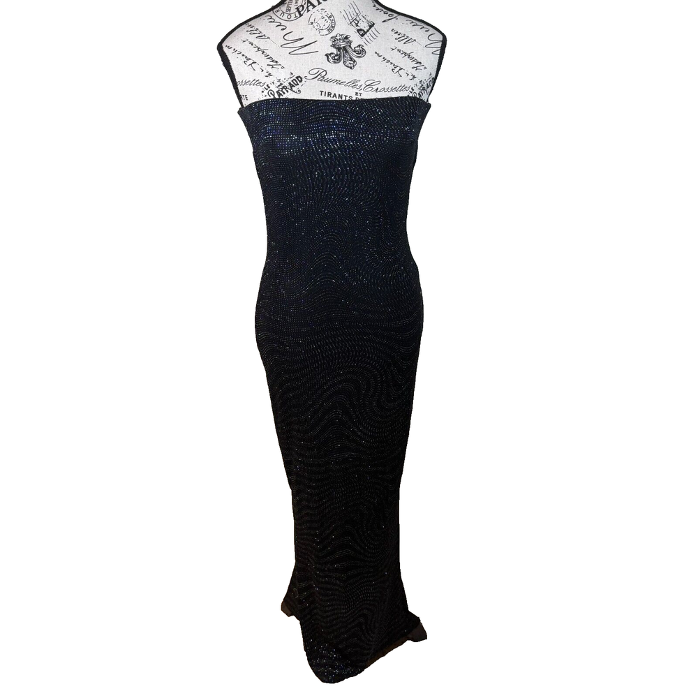 Vintage Gunne Sax Strapless Sparkly Glitter Maxi Dress Black Multicolor Sz 3