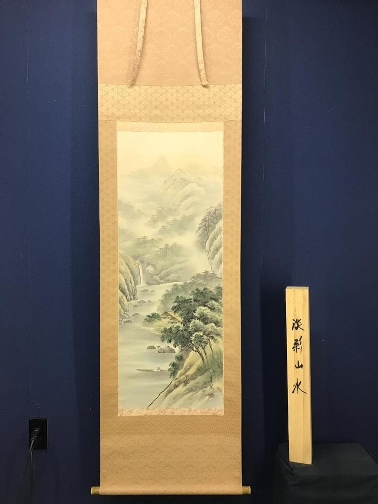 Japanese Hanging scroll Shinsaku Suimei Light Painted Landscape Figure People's