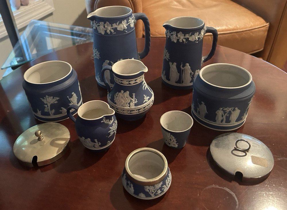 Vtg 19thC WEDGWOOD Dark Blue Jasperware Set 10 Pitchers Jars Lid Salt Cellar Cup