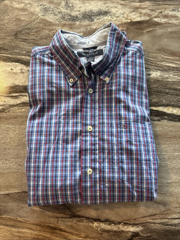 Tommy Hilfiger Mens Shirt Button Down Size Large Plaid Red Blue Long Sleeve