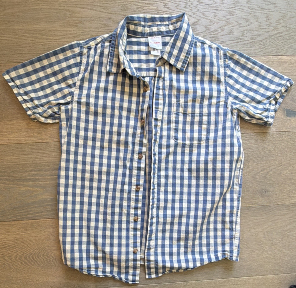 Hanna Andersson Boys Blue White Check Plaid Button-Up Shirt Short Sleeve 10